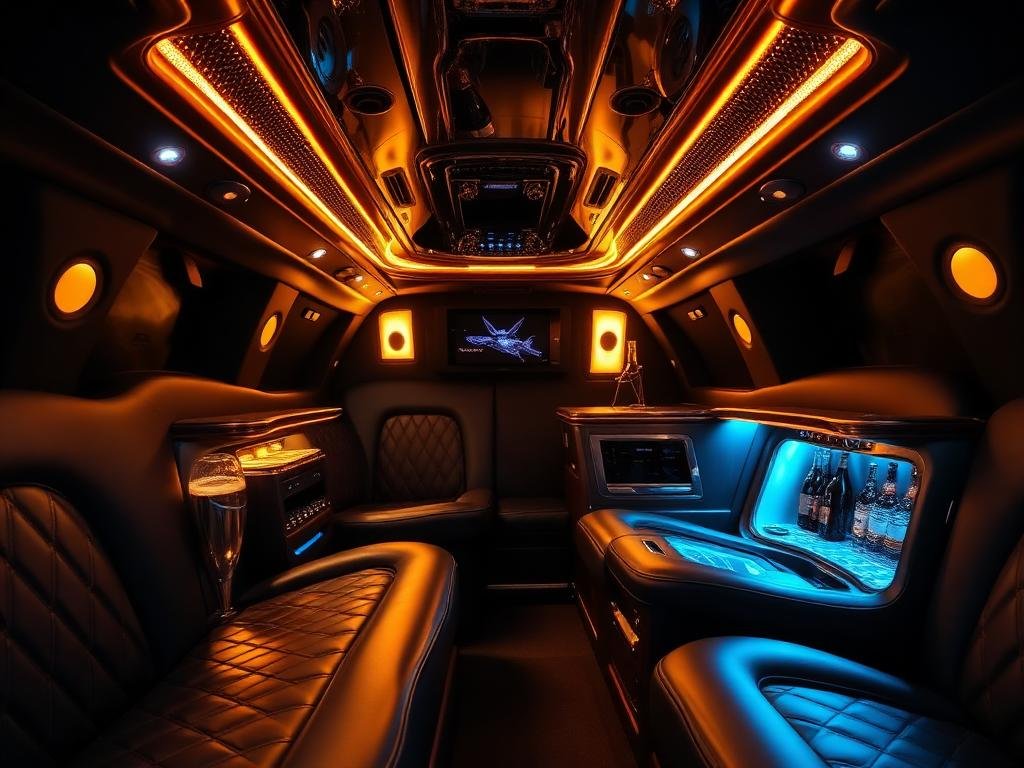 Limousine interior with leather seating, ambient lighting and a stocked bar
